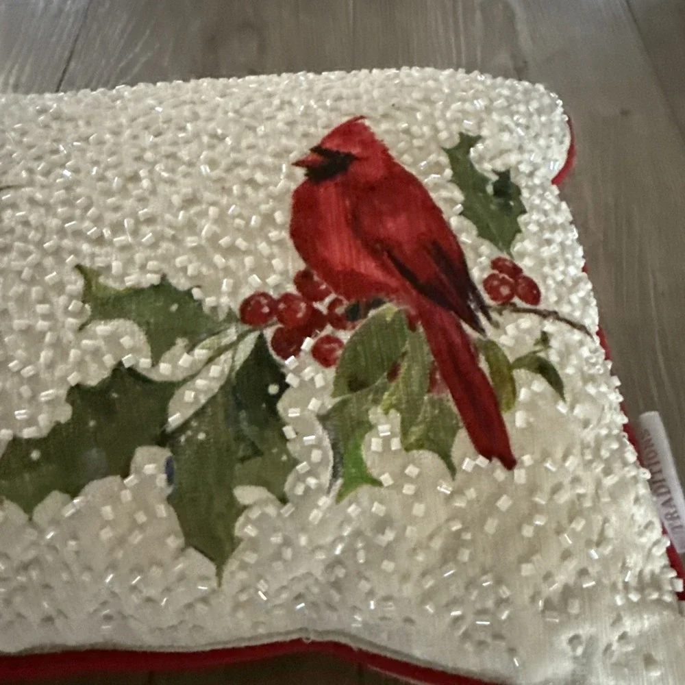 Cherished Traditions Beaded Christmas‎ Cardinal Pillow Holly Leaves 13